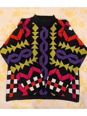 Vintage 80s / 90s Geometric Color Block Sweater, Mock Neck